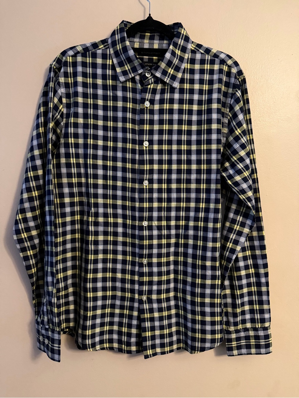 Banana Republic Navy, White & Yellow Plaid Button-Down Shirt